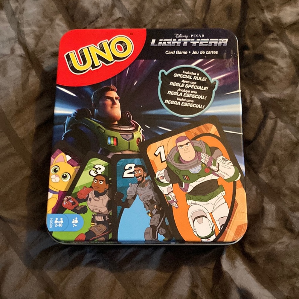 Disney Pixar light-year Uno card game in tin container